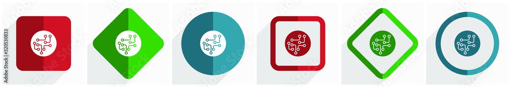 Poster circuit, technology, chip, processor icon set, flat design vector illustration in 6 options for webd