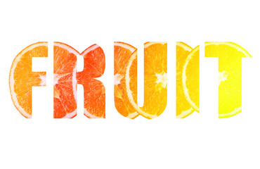 The word fruit. Healthy food. Natural orange texture background. Concept for advert. Isolated image.