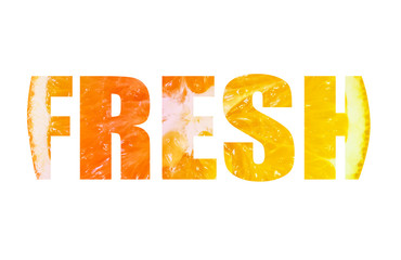 The word fresh. Healthy food. Natural orange texture background. Concept for advert. Isolated image.