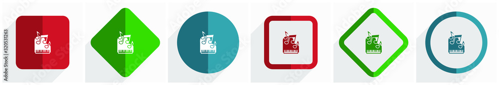 Aufkleber piano, music icon set, flat design vector illustration in 6 options for webdesign and mobile applica