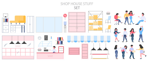 Obraz premium Empty store interior set. Counter, shelves and exposition.