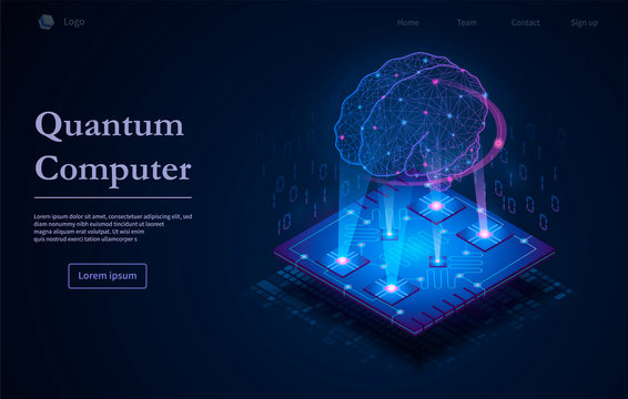 Tech background with Quantum Computer text caption and microchip image with glowing holographic human brain in purple light on dark blue background. Neural networks, AI and computing technology