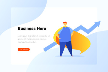 Super Hero Man with Cloak standing with Growing arrow Flat vector illustration. Grow Business Landing Page design template