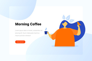Woman Girl Drinks Coffee Flat vector illustration.