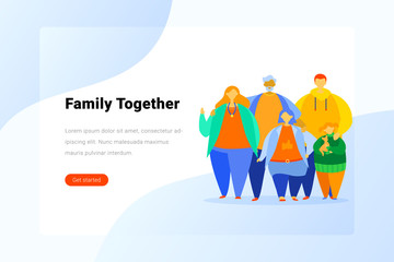 Happy Family standing together Flat vector illustration concept. Mother Father Daughter and Grandfather