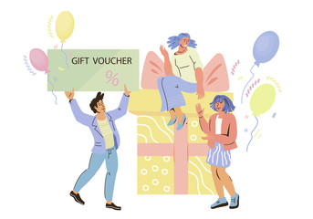Gift voucher and shopping certificate, discount coupon banner with people flat vector illustration isolated. Bonus program for loyal clients business concept. Internet marketing and online promotion.