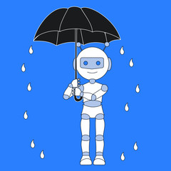 robot with antenna and a helmet stands in the rain and holds a umbrella in his hand, vector emoticon on isolated background