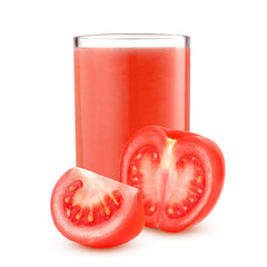 Glass of tomato juice and cut tomatoes isolated on white background