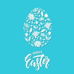 Vector Easter greeting card with egg, flowers, lettering and branches