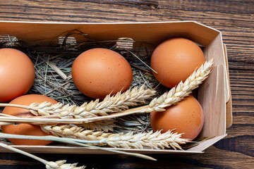 farm brown eggs with straw in birch bark box wooden background close-up
