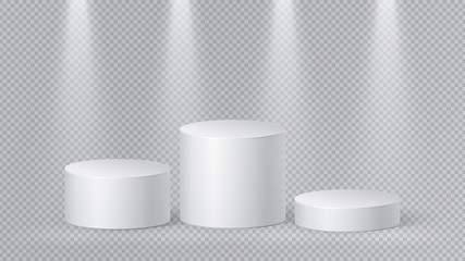 Realistic white pedestal. Blank minimalist podium, 3d cylinders. Isolated ellipse design. Base stands, simple platform vector mockups. Pedestal podium, platform realistic, geometric stage illustration