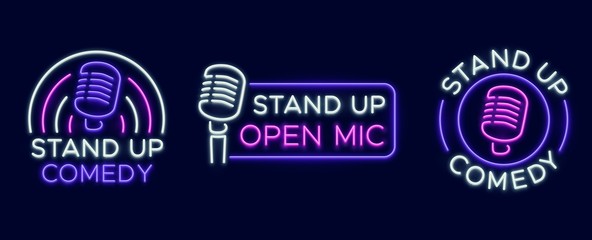 Standup show signs. Neon comedy club and open microphone icons. Comedian entertainment and event vector symbols. Illustration stand up comedy and humor, signboard with microphone - obrazy, fototapety, plakaty