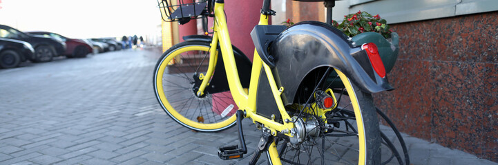Focus on rear part of bicycle parked by flower bed in city. Ecological transport for people with active lifestyle. Vehicle with two wheels and basket for products © H_Ko