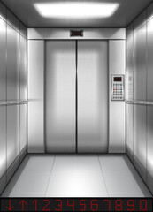 Realistic elevator cabin with closed doors inside view. Empty lift interior with chrome metal buttons and digital panel, office, hotel or dwelling indoors speedy transportation 3d vector illustration © klyaksun