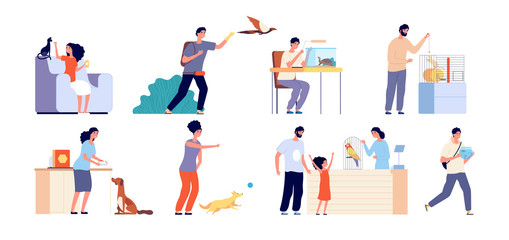 Fototapeta na wymiar Pet owner. Woman with pets, dog adoption. Scenes people and wild or domestic animals. Humans with cat, birds or reptile vector illustration. Characters with pets, bird and puppy, parrot and tortoise