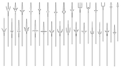 Set of simple monochrome images of medieval spears and tridents drawn by lines.
