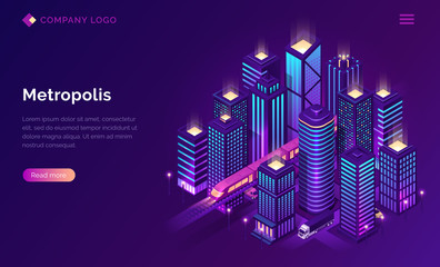 Smart city metropolis isometric landing page, futuristic town with subway train transport and cars riding among tall skyscraper buildings on neon glowing background. Vector illustration, web banner