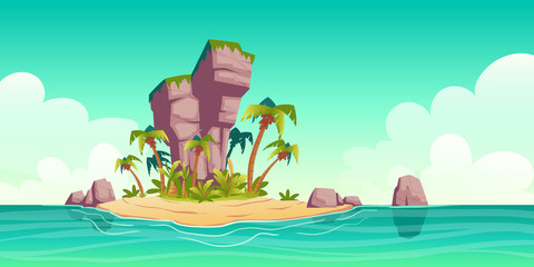 Obraz na płótnie Canvas Tropical island in ocean with palm trees and rock. Vector cartoon illustration of summer sea landscape with paradise shore, sand beach and coconut palms. Exotic travel and vacation