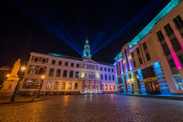 View of illuminated Townhall building at night, Riga, Latvia