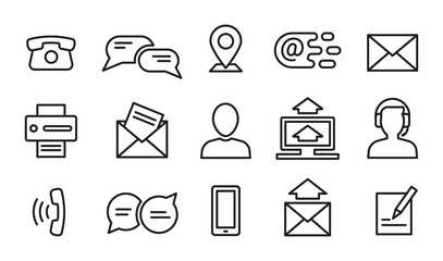 Contact line icons. Minimal business, internet and location outline symbols. Website or chat mobile interface information vector elements. Contact social information, user outline icon illustration