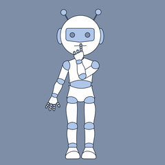 emoji with character shushing shh h to politely tell people to shut up and be quiet to keep silence, robot with antennas and a helmet using finger on mouth gesture to stop talking