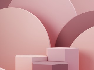 Minimal scene with podium and abstract background. Geometric shapes. Pastel colors scene. Minimal 3d rendering. Scene with geometrical forms and textured background for cosmetic product. 3d render. 