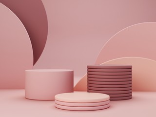 Minimal scene with podium and abstract background. Geometric shapes. Pastel colors scene. Minimal 3d rendering. Scene with geometrical forms and textured background for cosmetic product. 3d render. 