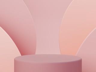 Minimal scene with podium and abstract background. Geometric shapes. Pastel colors scene. Minimal 3d rendering. Scene with geometrical forms and textured background for cosmetic product. 3d render. 
