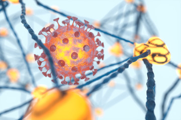 Dispersed corona viruses with nervous system background, 3d rendering