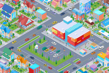 Isometric Shopping Mall in Smart city Flat vector illustration