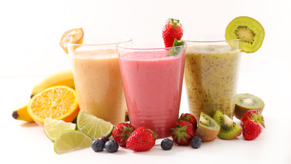 assorted of fruit smoothie- organic fruit, detox juice, fruit juice on white background