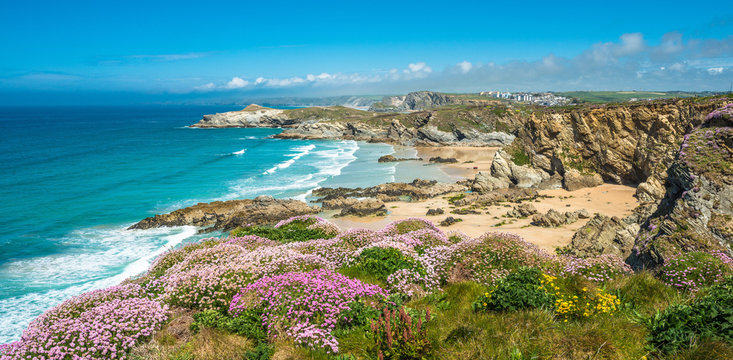 Stunning coastal scenery with Newquay beach in North Cornwall, England, UK.