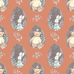 Seamless hand painted pattern with bears, easter bunny and easter eggs and floral vintage