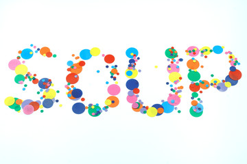 The word Soup made with plastic confetti. Conceptual image of Plastic Soup pollution. More images available.