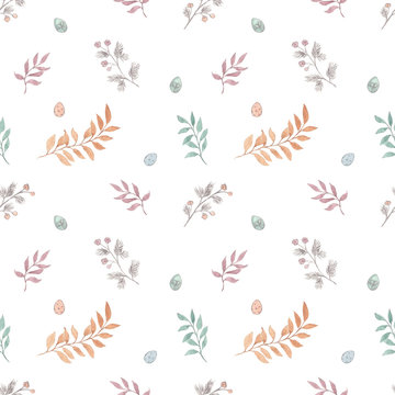 Seamless hand painted pattern with easter eggs and floral vintage