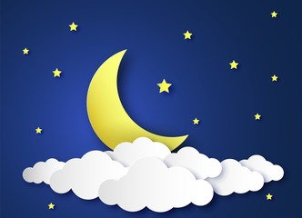 Paper night sky. Paper art origami style, clouds and crescent moon, stars midnight landscape, fantasy kids design wallpaper, vector background