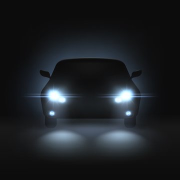 Car headlights. Realistic car with bright headlights in dark, rays light and white blur shadows, night automobile silhouette vector mockup