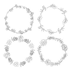 Set of elegant delicate wreaths. Black and white linear hand drawing. Decoration wedding invitation design, envelopes, greeting card template. Vector illustration