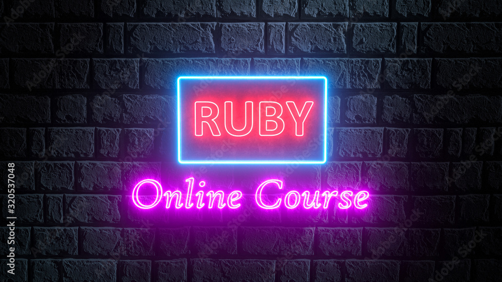Poster 3d rendering of glowing neon ruby online course on brick wall. bright signboard, light banner. ruby 