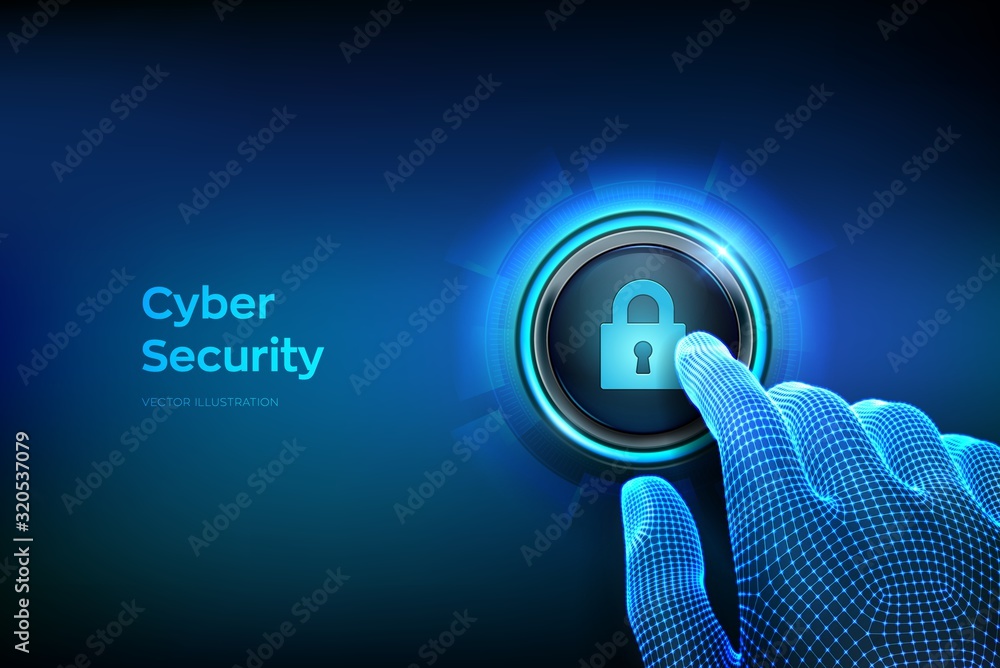 Wall mural Cyber security. Protect and security of safe concept. Cyber data protection and information privacy. Closeup finger about to press a button with lock symbol. Just push the button. Vector illustration. - Wall murals