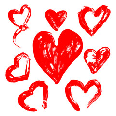 Set of different red hearts painted by finger paints. Handmade. Happy valentines day. Wedding. Love