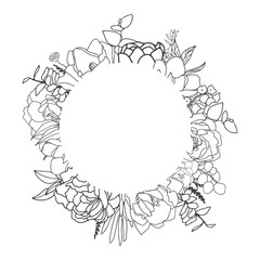 Elegant delicate floral frame. Black and white linear hand drawing. Decoration wedding invitation design, envelopes, greeting card template. Vector illustration