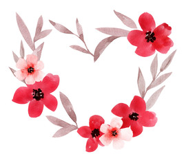 Elegant hand drawn watercolor florals element combined into a heart frame. Valentine's love design. Loose watercolour red poppy and pastel pink flowers with brown leaves
