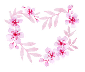 Elegant hand drawn watercolor florals element combined into a heart frame. Valentine's love design. Loose watercolour pastel pink leaves, sakura flowers and cherry buds