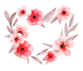Elegant hand drawn watercolor florals element combined into a heart frame. Valentine's love design. Loose watercolour red poppy and pastel pink flowers with brown leaves