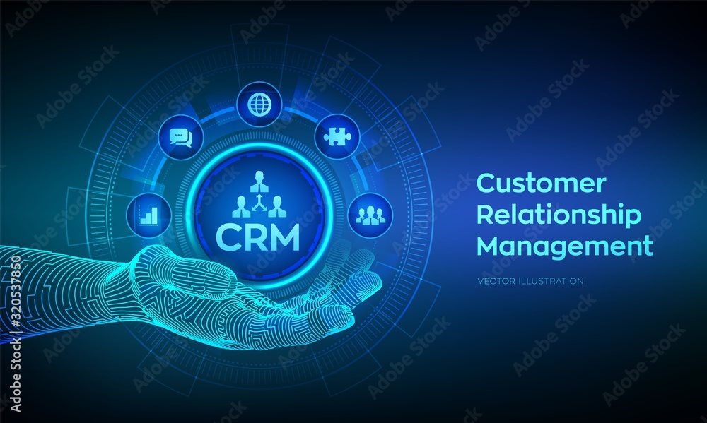 Poster crm icon in robotic hand. customer relationship management. customer service and relationship. enter