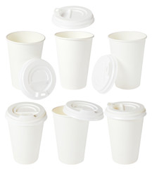 White blank disposable takeaway paper tea or coffee cup  with plastic lid  isolated on white...