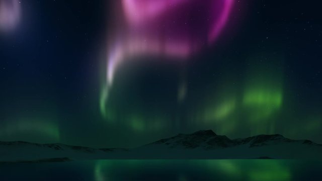 Animation of spectacular Bright realistic Aurora Borealis landscape. Time lapse Polar Light or Northern Light. Lake with reflection of light. Blue, purple and green colors. Motion of starry sky