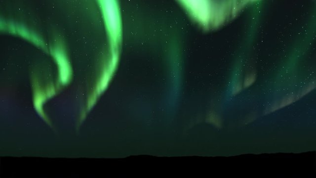 Animations of spectacular Bright realistic Aurora Borealis landscape. Time lapse clip of Polar Light or Northern Light in the night sky. The movement of the star sky on the background