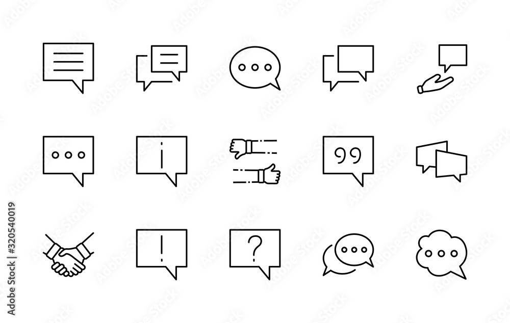 Poster set of speech bubble chat vector lines of icons. editable stroke. 32x32 pixels.